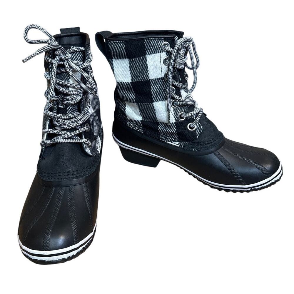 NEW Sorel Slimpack 1964 Waterproof Leather Rain Boots Black White Check SZ 10